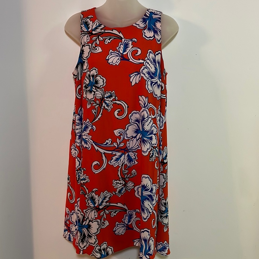 Maison Jules Red Orange Hibiscus Tropical Floral Shift Dress M